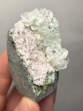 Load image into Gallery viewer, Light Mint Green “Disco Ball” Radial Apophyllite on Pink &amp; Green Heulandite — Deccan Traps, India
