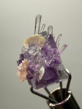 Load image into Gallery viewer, Rhodochrosite + Quartz on Purple Isometric Fluorite (Thumbnail Specimen) | Wutong Mine, China
