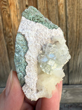 Load image into Gallery viewer, Light Mint Green (Disco Ball) Radial Apophyllite + White Stilbite on Green Heulandite Zeolite • Maharashtra, India
