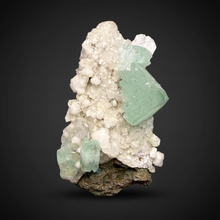 Load image into Gallery viewer, High-Grade Gemmy Green Apophyllite on White Stilbite  | Deccan Traps, Maharashtra, India

