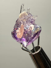 Load image into Gallery viewer, Rhodochrosite + Quartz on Purple Isometric Fluorite (Thumbnail Specimen) | Wutong Mine, China
