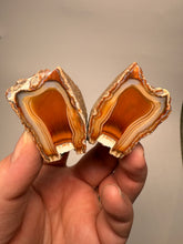 Load image into Gallery viewer, High-Grade Indonesian Sumatra Agate Pair – Vibrant Banded Chalcedony with Rich Color Zoning | Ethical Lapidary &amp; Collector Display Specimens
