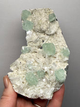 Load image into Gallery viewer, High-Grade Gemmy Green Apophyllite on White Stilbite  | Deccan Traps, Maharashtra, India
