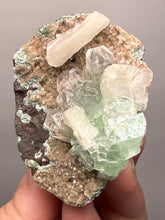 Load image into Gallery viewer, Light Mint Green Apophyllite &amp; Stilbite on Pink &amp; Green Heulandite — Deccan Traps, India
