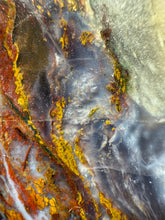 Load image into Gallery viewer, PREMIUM SELF STANDING DISPLAY or LAPIDARY SLAB • Moroccan “Dream Landscape Jagate” (Purple, Teal, Red, Green, Red, Yellow &amp; Orange Moss Plume Agate + Jasper) Stone End Cap • High Atlas Mountains • Unpolished
