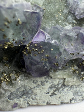 Load image into Gallery viewer, Bi-Color Purple &amp; Green Fluorite + Druzy Golden Pyrite on Druzy Silver Chalcedony • China
