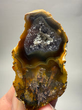Load image into Gallery viewer, High-Grade Indonesian Sumatra Agate Pair – Vibrant Banded Chalcedony with Rich Color Zoning, Pseudomorphs, Sticks, Inclusions, Druzy Quartz Pocket | Ethical Lapidary &amp; Collector Display Specimens

