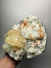 Load image into Gallery viewer, XXL Museum-Quality Golden Optical Calcite &amp; Red Heulandite Encrusted Pink Stilbite on Druzy Chalcedony | India | Mineral Display Showpiece Specimen
