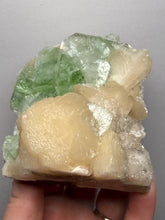 Load image into Gallery viewer, High-Grade Gemmy Green Apophyllite on White Stilbite  | Deccan Traps, Maharashtra, India

