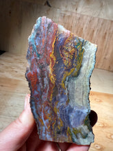 Load image into Gallery viewer, PREMIUM SELF STANDING DISPLAY or LAPIDARY SLAB • Moroccan “Dream Landscape Jagate” (Purple, Teal, Red, Green, Red, Yellow &amp; Orange Moss Plume Agate + Jasper) Stone End Cap • High Atlas Mountains • Unpolished
