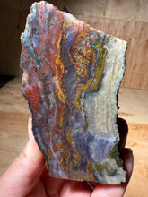 Load image into Gallery viewer, PREMIUM SELF STANDING DISPLAY or LAPIDARY SLAB • Moroccan “Dream Landscape Jagate” (Purple, Teal, Red, Green, Red, Yellow &amp; Orange Moss Plume Agate + Jasper) Stone End Cap • High Atlas Mountains • Unpolished
