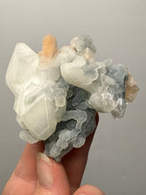 Load image into Gallery viewer, Pink Stilbite with Druzy Frosted Optical Calcite — India Zeolite Specimen
