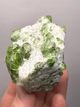 Load image into Gallery viewer, Electric Green Diopside on Quartz – Collector Mineral Specimen (Gilgit-Baltistan) Pakistan
