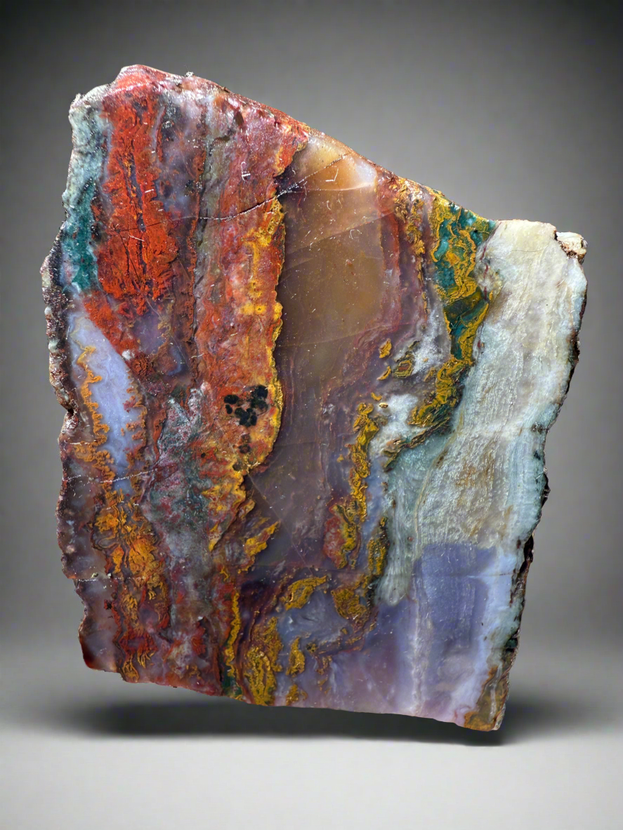 PREMIUM DISPLAY or LAPIDARY SLAB • Moroccan “Dream Landscape Jagate” (Purple, Teal, Red, Green, Red, Yellow & Orange Moss Plume Agate + Jasper) Stone • Double Sided • High Atlas Mountains • Unpolished