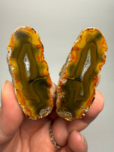 Load image into Gallery viewer, High-Grade Indonesian Sumatra Agate Pair – Vibrant Banded Chalcedony with Rich Color Zoning | Ethical Lapidary &amp; Collector Display Specimens
