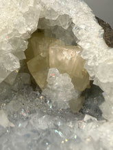 Load image into Gallery viewer, Golden Calcite on Blue Druzy Quartz — Deccan Traps, Maharashtra, India | Collector Display Specimen
