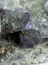 Load image into Gallery viewer, Bi-Color Purple &amp; Green Fluorite + Druzy Golden Pyrite on Druzy Silver Chalcedony • China
