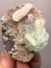 Load image into Gallery viewer, Light Mint Green Apophyllite &amp; Stilbite on Pink &amp; Green Heulandite — Deccan Traps, India
