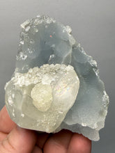 Load image into Gallery viewer, Clear Apophyllite + Golden Calcite on Druzy Blue Chalcedony — Deccan Traps, Maharashtra, India
