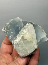 Load image into Gallery viewer, Clear Apophyllite + Golden Calcite on Druzy Blue Chalcedony — Deccan Traps, Maharashtra, India
