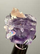 Load image into Gallery viewer, Rhodochrosite + Quartz on Purple Isometric Fluorite (Thumbnail Specimen) | Wutong Mine, China
