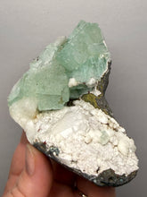 Load image into Gallery viewer, High-Grade Gemmy Green Apophyllite on White Stilbite  | Deccan Traps, Maharashtra, India
