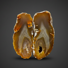 Load image into Gallery viewer, Indonesian Sumatra Agate Pair – Vibrant Banded Chalcedony with Rich Color Zoning | Ethical Lapidary &amp; Collector Display Specimens
