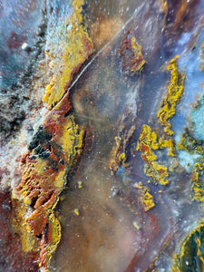 PREMIUM DISPLAY or LAPIDARY SLAB • Moroccan “Dream Landscape Jagate” (Purple, Teal, Red, Green, Red, Yellow & Orange Moss Plume Agate + Jasper) Stone • Double Sided • High Atlas Mountains • Unpolished