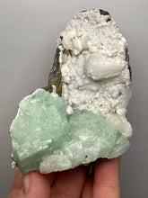 Load image into Gallery viewer, High-Grade Gemmy Green Apophyllite on White Stilbite  | Deccan Traps, Maharashtra, India
