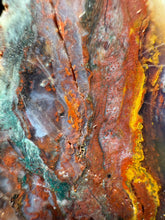 Load image into Gallery viewer, PREMIUM SELF STANDING DISPLAY or LAPIDARY SLAB • Moroccan “Dream Landscape Jagate” (Purple, Teal, Red, Green, Red, Yellow &amp; Orange Moss Plume Agate + Jasper) Stone End Cap • High Atlas Mountains • Unpolished
