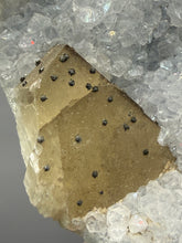 Load image into Gallery viewer, 3.7” Clear Apophyllite + Golden Calcite on Druzy Blue Chalcedony Stalactites— Deccan Traps, Maharashtra, India

