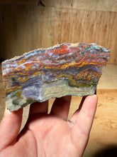 Load image into Gallery viewer, PREMIUM SELF STANDING DISPLAY or LAPIDARY SLAB • Moroccan “Dream Landscape Jagate” (Purple, Teal, Red, Green, Red, Yellow &amp; Orange Moss Plume Agate + Jasper) Stone End Cap • High Atlas Mountains • Unpolished
