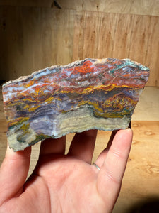 PREMIUM SELF STANDING DISPLAY or LAPIDARY SLAB • Moroccan “Dream Landscape Jagate” (Purple, Teal, Red, Green, Red, Yellow & Orange Moss Plume Agate + Jasper) Stone End Cap • High Atlas Mountains • Unpolished