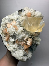 Load image into Gallery viewer, XXL Museum-Quality Golden Optical Calcite &amp; Red Heulandite Encrusted Pink Stilbite on Druzy Chalcedony | India | Mineral Display Showpiece Specimen
