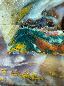 PREMIUM DISPLAY or LAPIDARY SLAB • Moroccan “Dream Landscape Jagate” (Purple, Teal, Red, Green, Red, Yellow & Orange Moss Plume Agate + Jasper) Stone • Double Sided • High Atlas Mountains • Unpolished