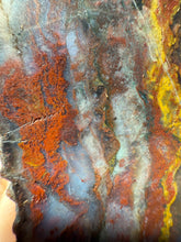 Load image into Gallery viewer, PREMIUM SELF STANDING DISPLAY or LAPIDARY SLAB • Moroccan “Dream Landscape Jagate” (Purple, Teal, Red, Green, Red, Yellow &amp; Orange Moss Plume Agate + Jasper) Stone End Cap • High Atlas Mountains • Unpolished
