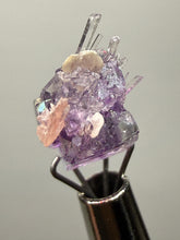Load image into Gallery viewer, Rhodochrosite + Quartz on Purple Isometric Fluorite (Thumbnail Specimen) | Wutong Mine, China
