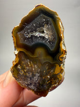Load image into Gallery viewer, High-Grade Indonesian Sumatra Agate Pair – Vibrant Banded Chalcedony with Rich Color Zoning, Pseudomorphs, Sticks, Inclusions, Druzy Quartz Pocket | Ethical Lapidary &amp; Collector Display Specimens
