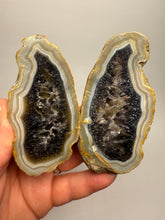 Load image into Gallery viewer, High-Grade Indonesian Sumatra Agate Pair – Rich Banded Chalcedony with Deep Smoky Amethyst Core | Ethical Lapidary &amp; Collector Display Specimens
