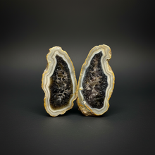 Load image into Gallery viewer, High-Grade Indonesian Sumatra Agate Pair – Rich Banded Chalcedony with Deep Smoky Amethyst Core | Ethical Lapidary &amp; Collector Display Specimens
