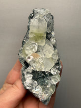 Load image into Gallery viewer, High-Grade Green Apophyllite with Pink Stilbite on Black Chalcedony – Deccan Traps, India
