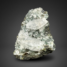 Load image into Gallery viewer, Double Terminated Scalenohedral Optical Calcite on Druzy Apophyllite &amp; Green Heulandite | Maharashtra, India
