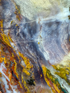 PREMIUM SELF STANDING DISPLAY or LAPIDARY SLAB • Moroccan “Dream Landscape Jagate” (Purple, Teal, Red, Green, Red, Yellow & Orange Moss Plume Agate + Jasper) Stone End Cap • High Atlas Mountains • Unpolished