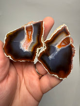 Load image into Gallery viewer, High-Grade Indonesian Sumatra Agate Pair – Vibrant Banded Chalcedony with Rich Color Zoning | Ethical Lapidary &amp; Collector Display Specimens
