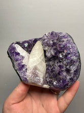 Load image into Gallery viewer, Druzy Amethyst on White Cathedral Calcite on Amethyst Cluster | Uruguay
