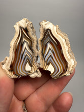 Load image into Gallery viewer, High-Grade Indonesian Sumatra Agate Pair – Vibrant Banded Chalcedony with Rich Color Zoning | Ethical Lapidary &amp; Collector Display Specimens
