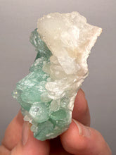 Load image into Gallery viewer, High-Grade Gemmy Green Apophyllite on White Stilbite  | Deccan Traps, Maharashtra, India
