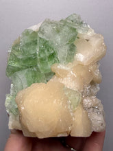 Load image into Gallery viewer, High-Grade Gemmy Green Apophyllite on White Stilbite  | Deccan Traps, Maharashtra, India
