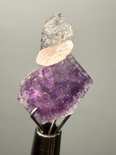 Load image into Gallery viewer, Rhodochrosite + Quartz on Purple Isometric Fluorite (Thumbnail Specimen) | Wutong Mine, China
