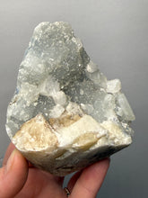 Load image into Gallery viewer, 3.6” Clear Apophyllite + Golden Calcite on Druzy Blue Chalcedony — Deccan Traps, Maharashtra, India
